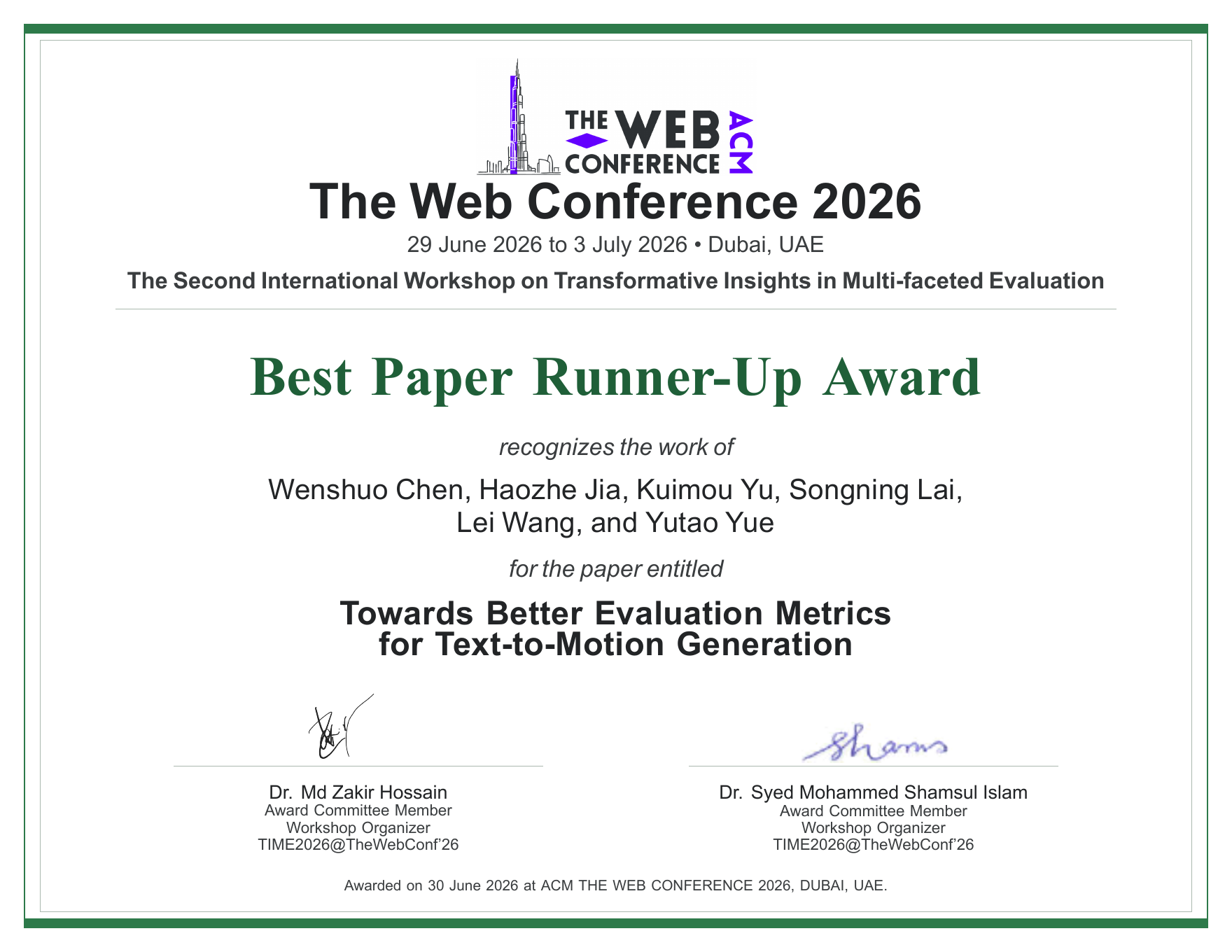 WWW TIME Best Runner-up Paper Award